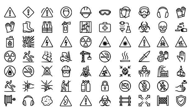 Workplace Safety Warning Icons Vector Set with Industrial Hazard Signs and Accident Prevention Symbols