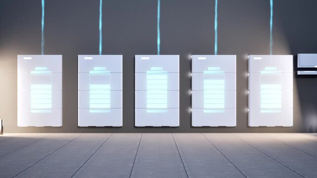 3d rendering group of home batteries or energy storage systems for residential used with digital graphic display 4k footage