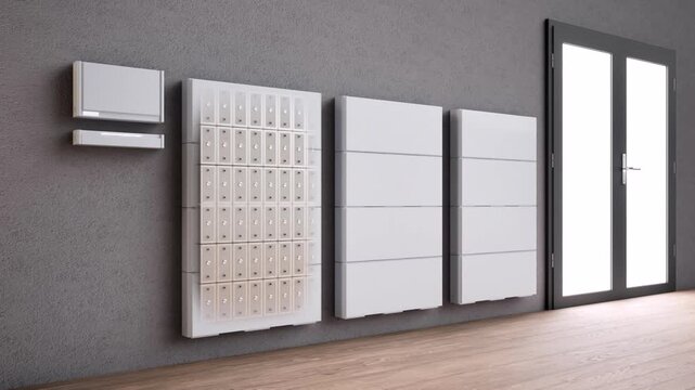 3d rendering group of home batteries or energy storage systems for residential used 4k footage