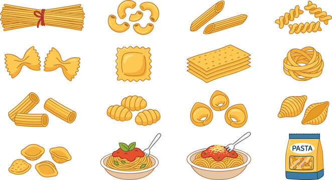 Italian Pasta Varieties Icon Set with Spaghetti Macaroni Ravioli and Lasagna Elements for Restaurant Menu Graphic Designs