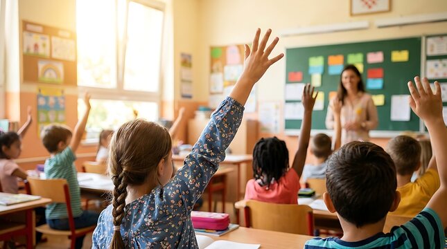 Group of diverse pupils sitting in classroom with hands raised high to answer question while female teacher stands near chalkboard during interactive learning session in modern school.