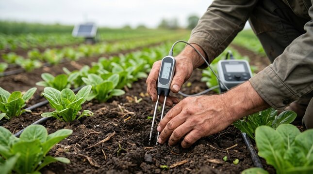 Farmer testing soil moisture with digital meter in organic vegetable garden, sustainable agriculture practices and precision farming technology for crop health monitoring and ec...