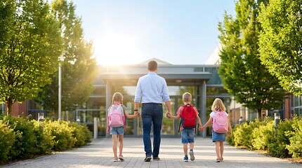 Obraz premium Parent walks with three children in casual clothes wearing backpacks towards school entrance on sunny day.