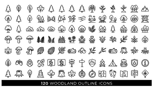Modern Trees and Woodland Outline Icons Editable Vector Pack