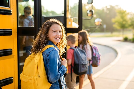 Young girl with yellow backpack smiling at camera boarding school bus in warm sunset light surrounded by other students in blurry background.