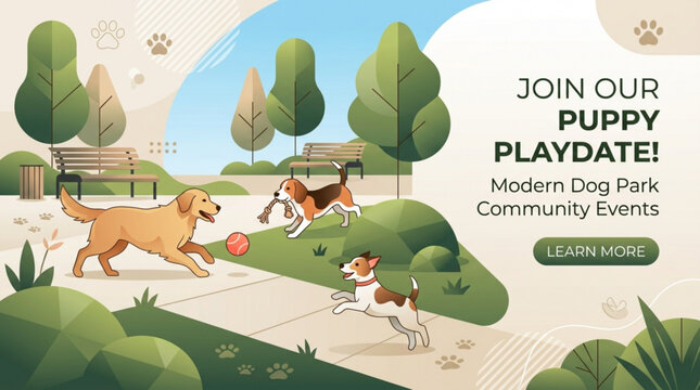 A vibrant modern illustration featuring three playful dogs enjoying a sunny day in a public park setting with benches and green trees for community events