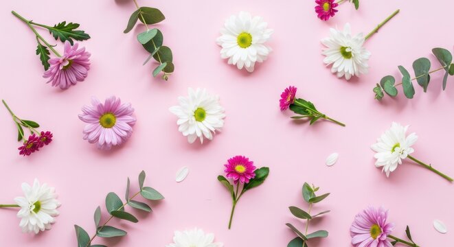 Top view flat lay pattern of various flowers and greenery
