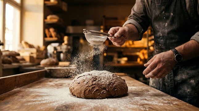 Baker sifting flour onto fresh bread dough in rustic bakery