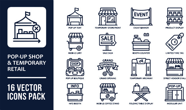 Linear icons for temporary retail, mobile kiosks, and event commerce.