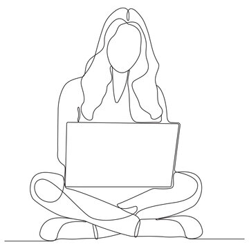 Continuous line art of a young woman sitting cross-legged and working on a laptop.