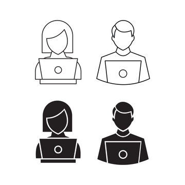 Man and woman working on laptop computer line and solid icon set.Editable stroke, Vector illustration, Line art Icon, Symbols.