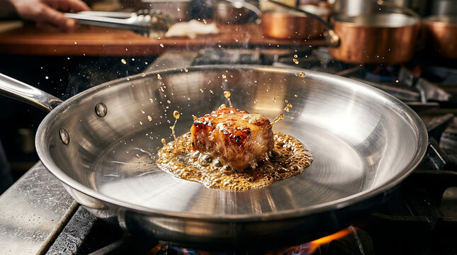 Tender Wagyu beef steak searing in a hot pan, releasing rich juices and a flavorful aroma