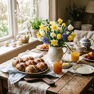 Festive Easter pastry brunch with hot cross buns, marmalade, and spring flowers, soft morning light.