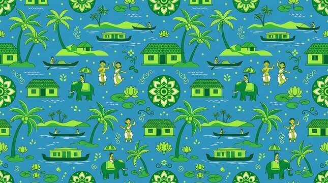 Kerala cultural seamless pattern with houseboats and palms