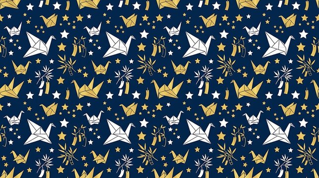 Japanese tanabata pattern with origami cranes and stars