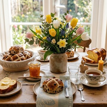 Festive Easter pastry brunch with hot cross buns, marmalade, and spring flowers, soft morning light.