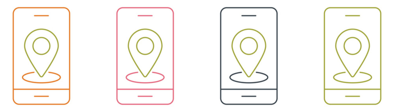 Mobile navigation and location pin tracker minimal line icon set, smartphone with map pointer destination, GPS tracking app directory and digital travel guide vector.
