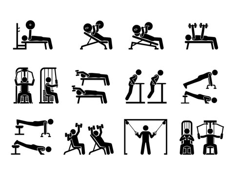 Black and White Vector Icons Set of Gym Equipment and Weightlifting Exercises
