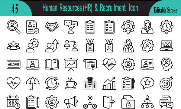 Human resources and recruitment icons set for business and management
