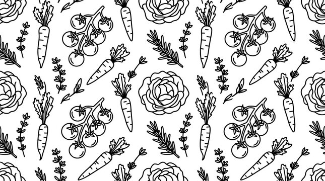 Minimalist black and white vegetable pattern with carrots, broccoli, and radishes for food design