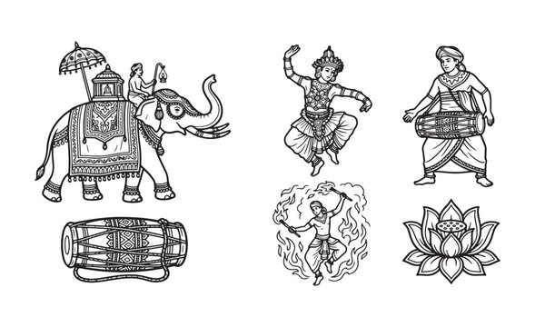 Sri Lankan Esala Perahera elements vector line art collection, Kandyan dancer, ceremonial elephant, traditional drummer, fire performer, Buddhist flag, minimalist black and white icon set