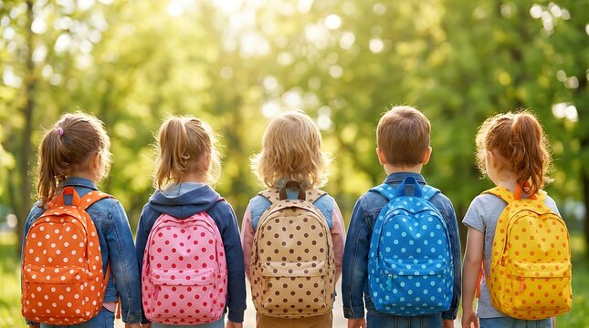 Five diverse young children with backpacks standing outdoors on sunny day ready for school looking forward.