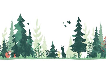 Obraz premium A serene winter forest scene with a lone skier amidst snow-covered trees and falling snowflakes