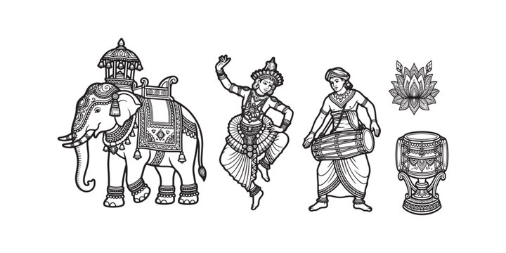 Sri Lankan Esala Perahera elements vector line art collection, Kandyan dancer, ceremonial elephant, traditional drummer, fire performer, Buddhist flag, minimalist black and white icon set