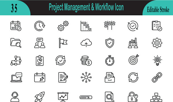 Project management and workflow editable stroke icons set