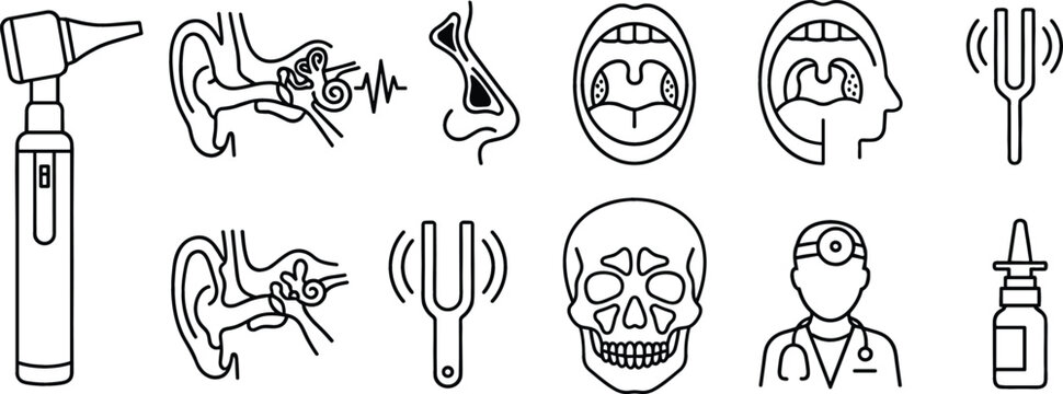 Otolaryngology ENT medical line icons set representing ear nose throat anatomy healthcare treatment audiology nasal surgery and diagnostic equipment