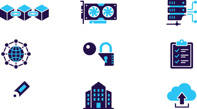 Blockchain network and crypto mining dual color icons set representing cloud data hosting security decentralization and server infrastructure concepts