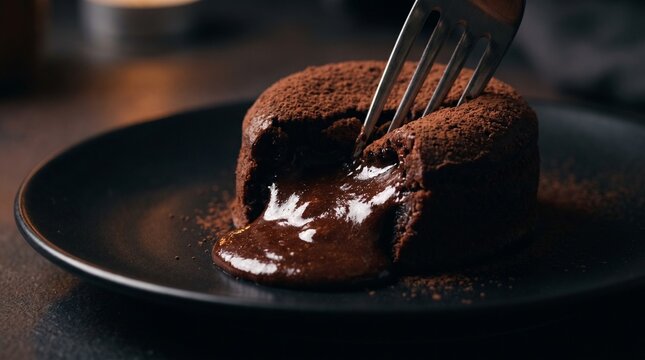 Molten lava chocolate cake with liquid center and fork on dark plate chocolate delicious culinary