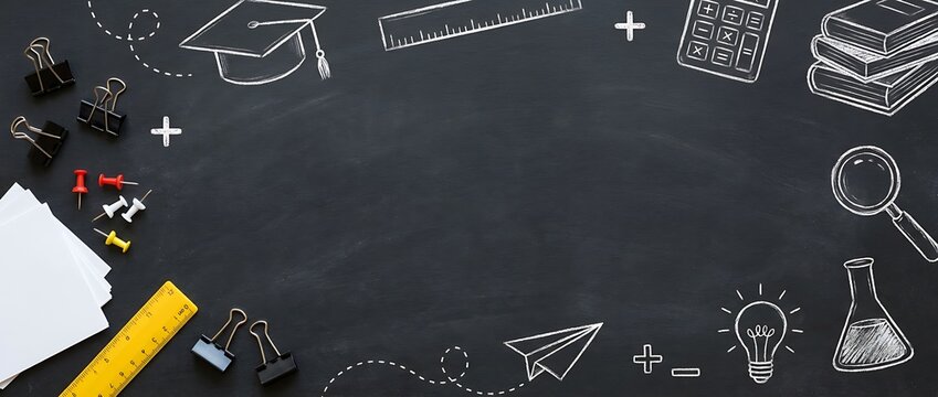 School supplies and learning symbols scattered on a black chalkboard background, ideal for back to school promotions and marketing.