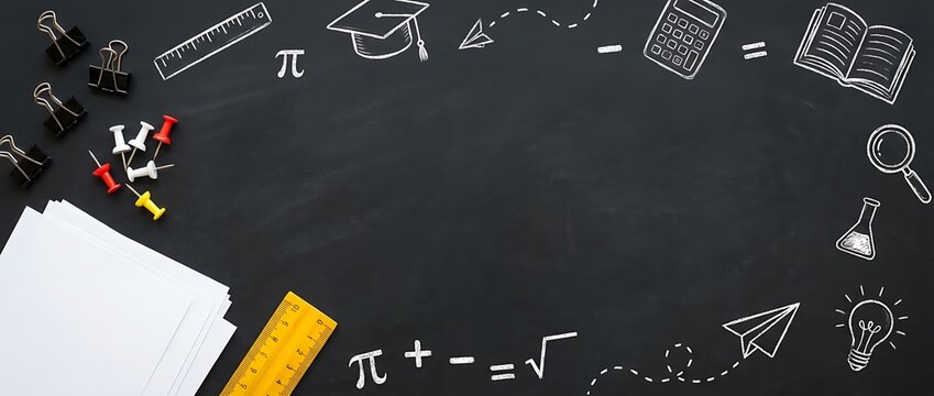 Blackboard frame background adorned with white chalk sketches of various school items including protractors graduation caps books plus paper airplanes on textured dark board surface.
