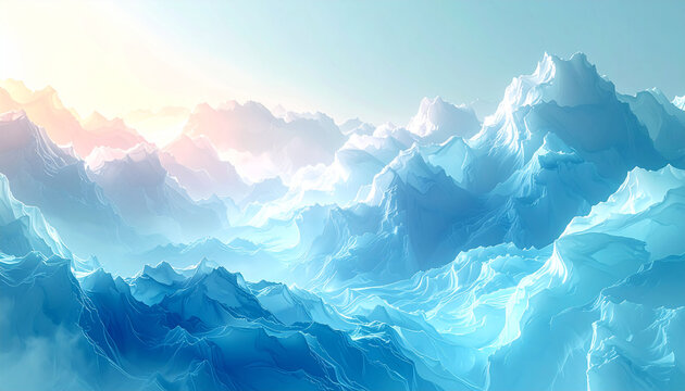 A breathtaking panoramic view of a vast, ethereal icy mountain range under a soft, glowing sky, showcasing a serene frozen landscape.