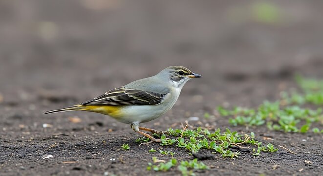 Grey wagtail bird standing on the ground with green sprouts.