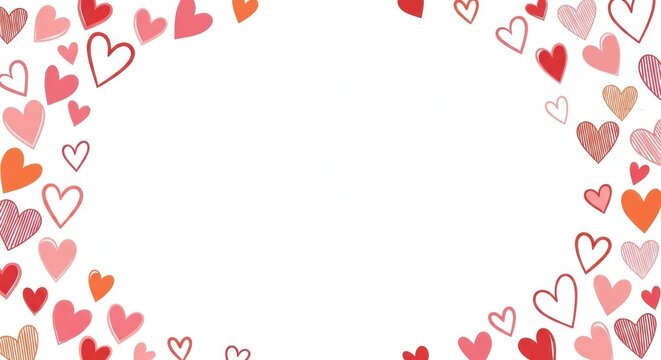 Decorative frame of hand-drawn red and pink hearts with background