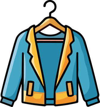 Blue jacket with yellow trim on a hanger, cartoon style