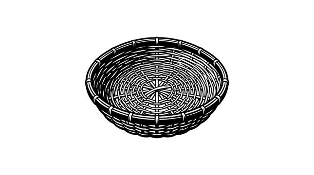 Black and white vector illustration of empty woven wicker basket