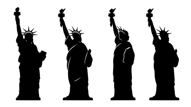 Black silhouettes of Statue of Liberty in various poses shown