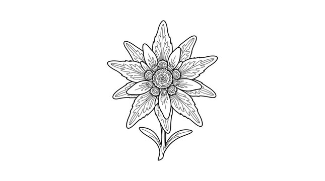 Hand drawn edelweiss flower line art illustration on white background