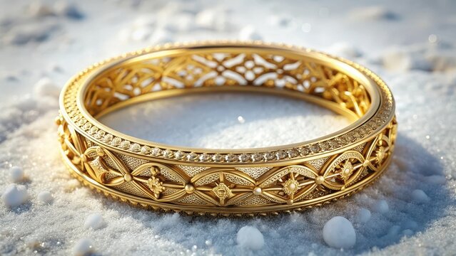 A delicate intricately designed gold bangle rests serenely on a snowy white background its curves and patterns echoing ancient indian craftsmanship

v
