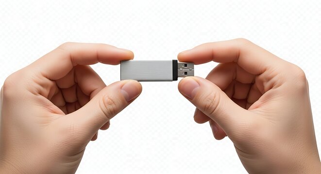 Hands holding a silver USB flash drive isolated on white background.