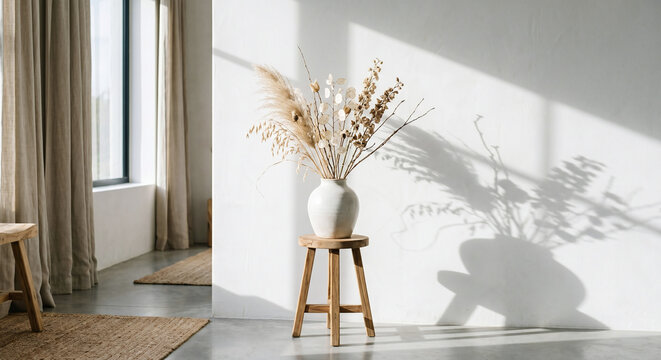 Ceramic Vase with Delicate Dried Flower Branches on Wooden Stand Against White Wall with Soft Sunlight and Shadows, Serene Minimalist Interior Design