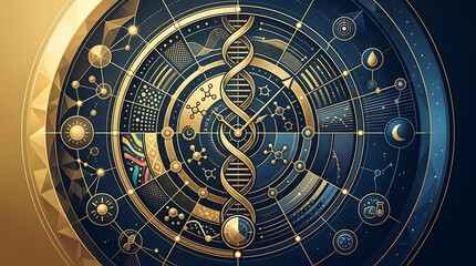Obraz premium Abstract golden dna helix integrated into a cosmic biological clock