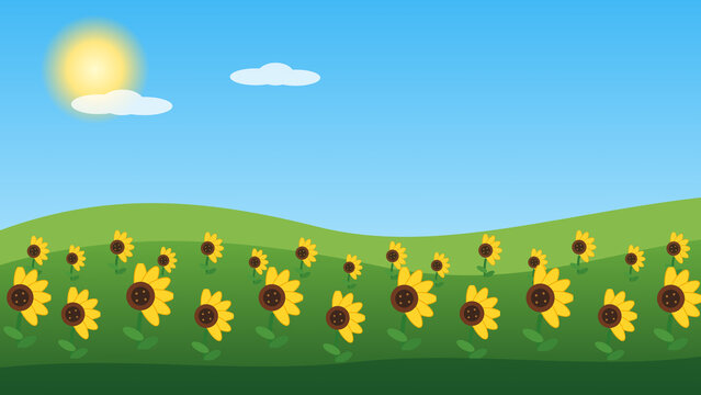 ひまわり畑の小道と山並みを描く夏