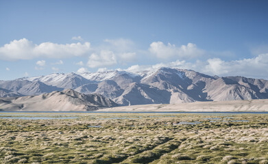 Clear-water rivers and lakes in a mountain valley, pastures and green grassy fields set against mountain ranges and snow-capped, glacier-clad peaks—a scenic landscape background © Denis