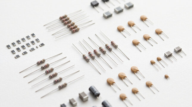 Electronic resistors and capacitors arranged on white