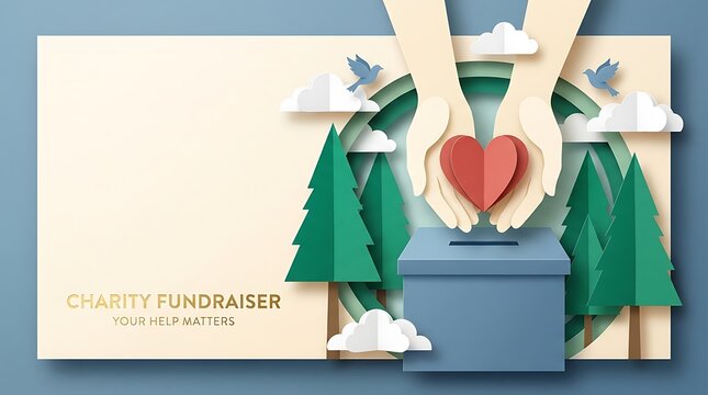 Paper cutout style hands hold red heart over donation box amidst trees and clouds symbolizing charity with illustration hands holding conveying message charity