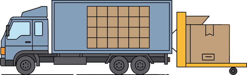 Delivery truck loading cargo boxes onto trailer with forklift © Dario